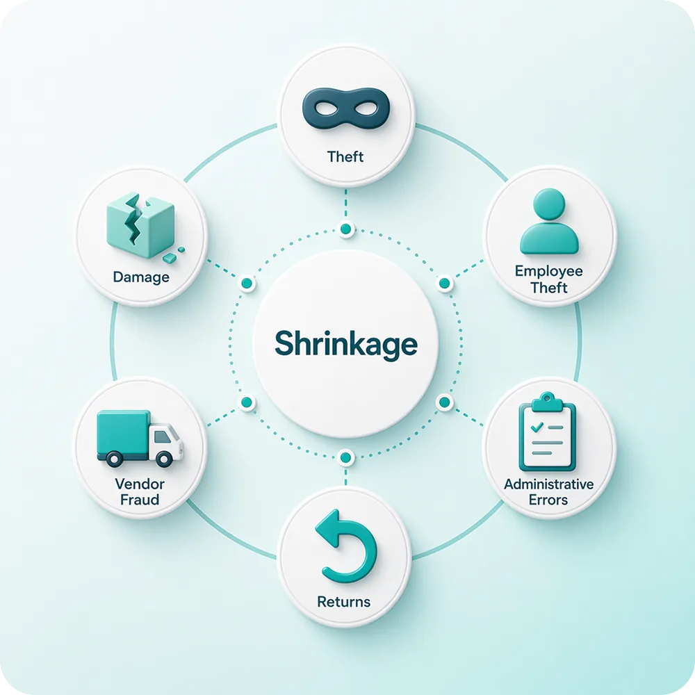 A circular diagram with six icons arranged around a center "Shrinkage" label