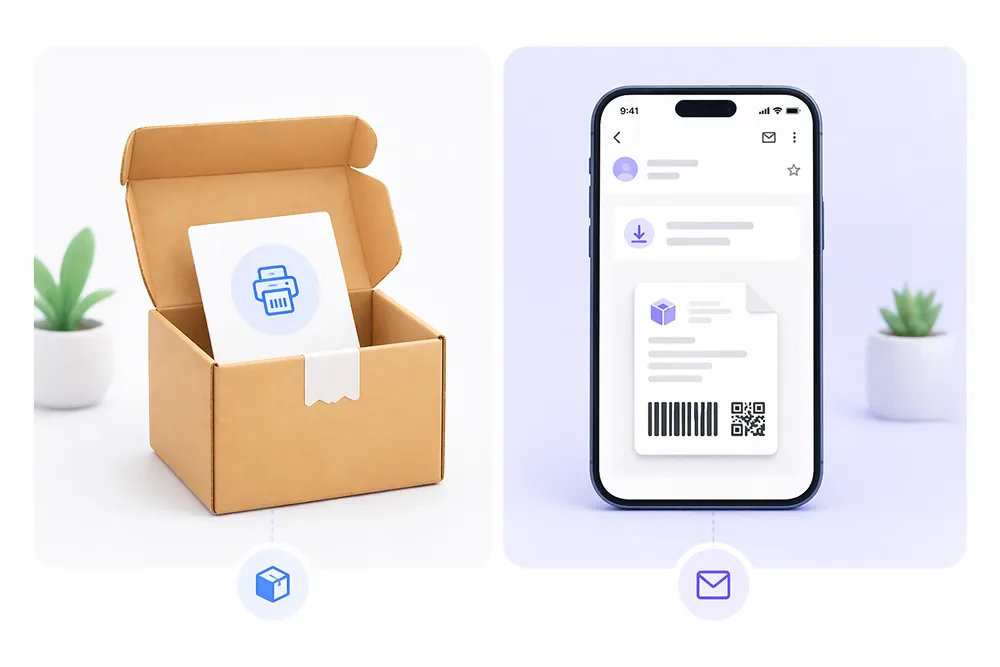 A split illustration. Left side: a box with a label already inside (icon of a pre-printed label). Right side: a phone screen
