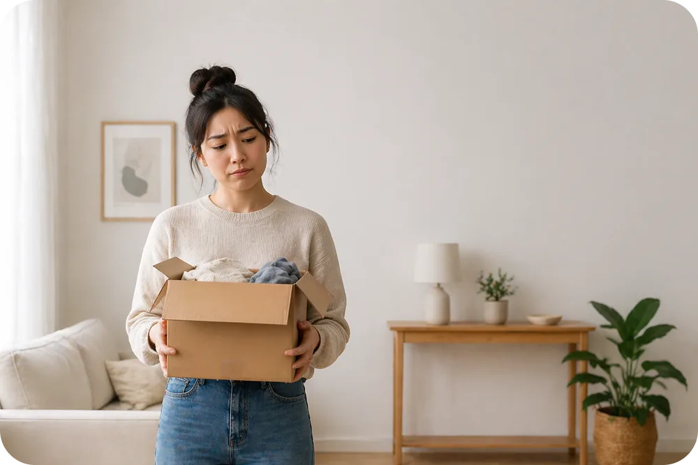 A person holding a returned package and looking slightly unsure, standing in a minimal home setting