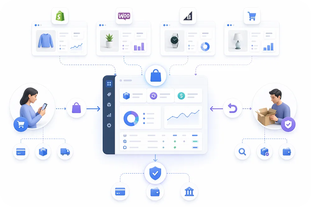 D2C brand at the center controlling the full ecommerce stack, surrounded by different platform environments