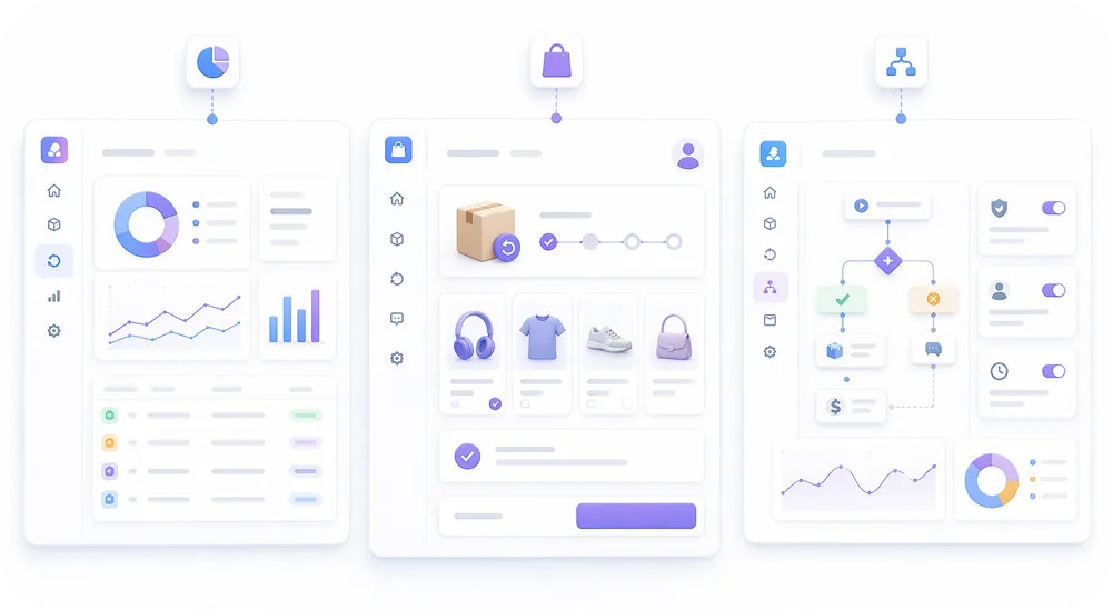 A modern UI-style illustration showing multiple ecommerce tools or dashboards side by side, each representing different refun