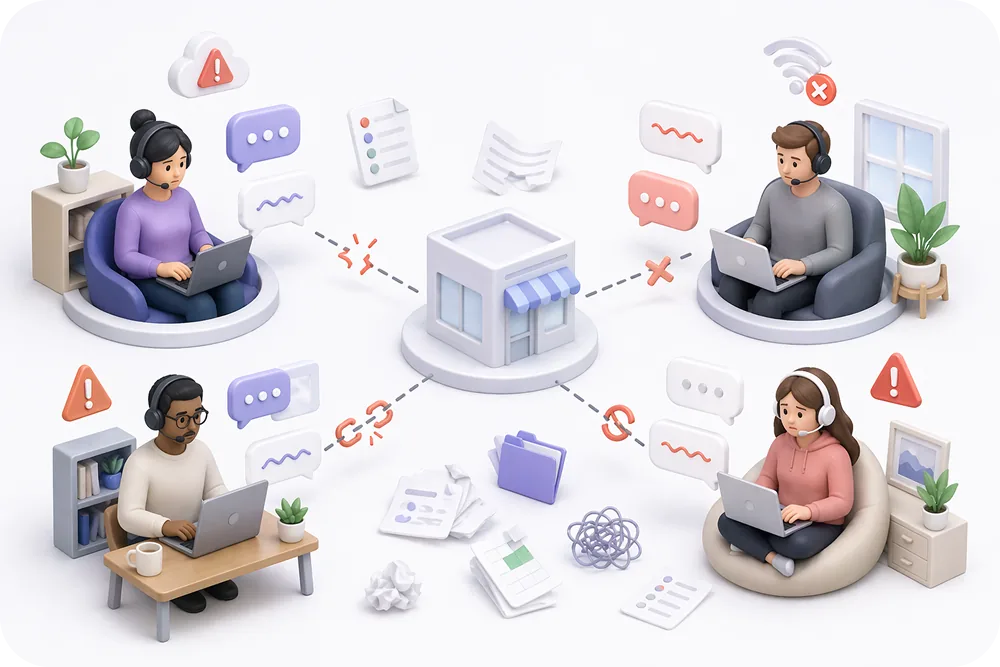 A 3D illustration showing challenges of outsourced customer service