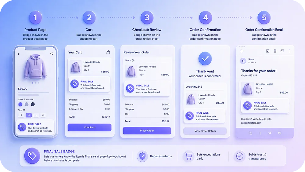 A mockup of an ecommerce checkout flow showing five touchpoints where the final sale badge appears