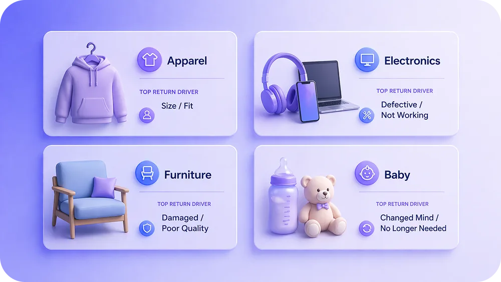 A 2x2 grid of category cards (Apparel, Electronics, Furniture, Baby)