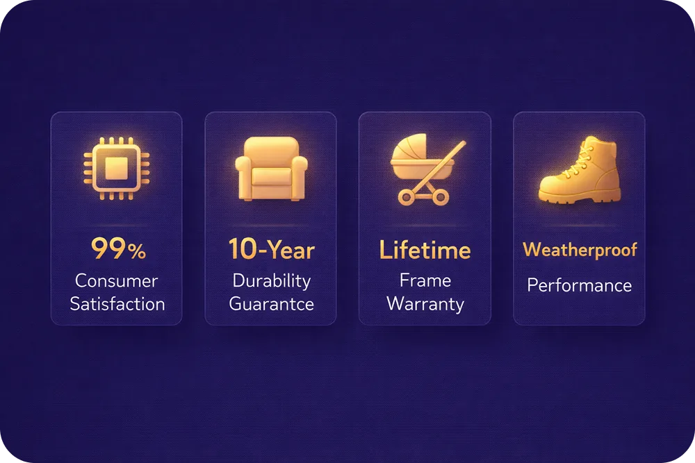 Four icon cards (electronics chip, armchair, baby stroller, hiking boot) each with a stat or key benefit