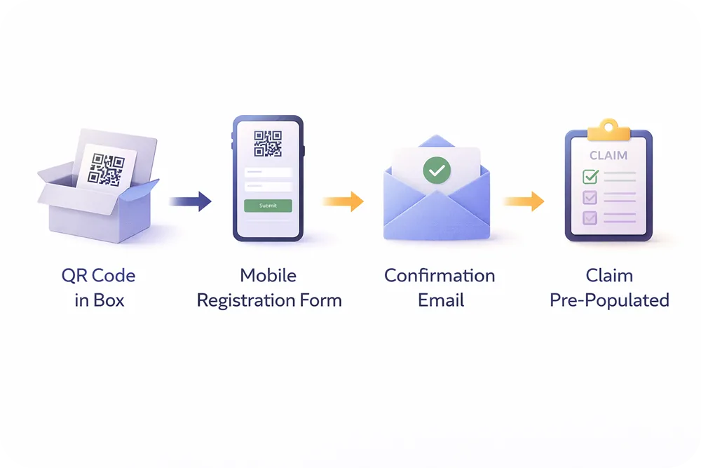 A 4-step horizontal flow: QR Code in Box → Mobile Registration Form → Confirmation Email → Claim Pre-Populated