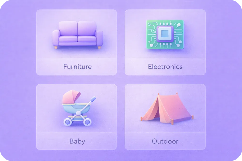 Four icon cards in a 2x2 grid (furniture/couch, electronics/circuit board, baby/stroller, outdoor/tent)