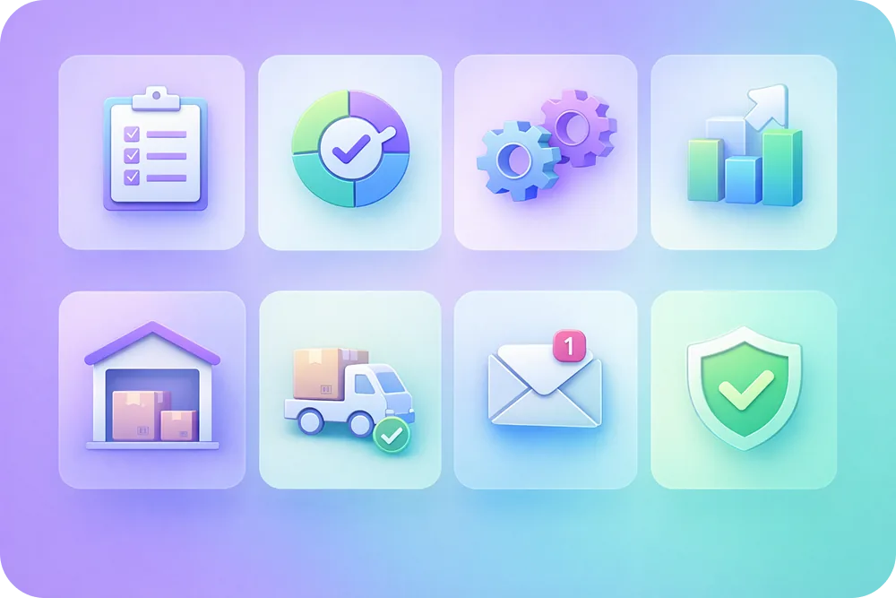 A simple 2x4 grid infographic with icons (form, status, automation, warehouse, supplier, email, analytics, shield)