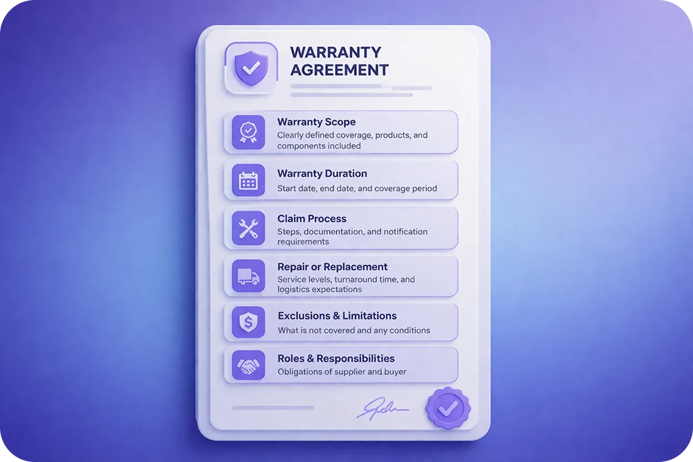 A mock contract card with key sections highlighted in purple, showing the structure of a good warranty agreement