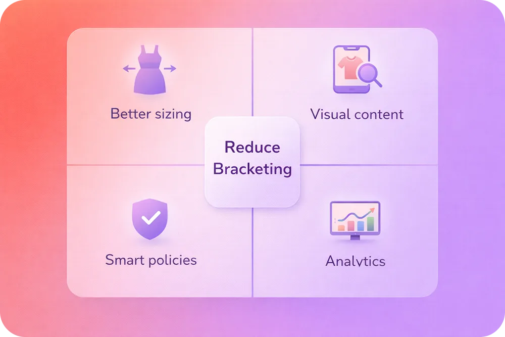 A quadrant diagram with four strategies (Better sizing, Visual content, Smart policies, Analytics)