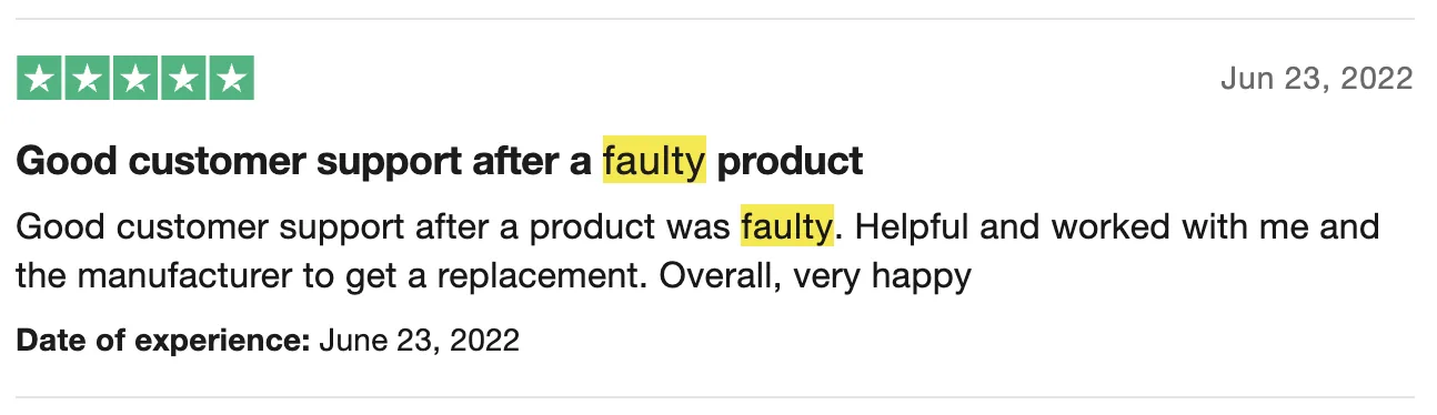 Positive trustpilot review regarding warranty claim