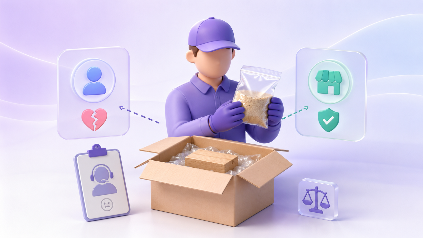 Soft 3D illustration of an open empty carton floating above a purple gradient with orbs drifting out of it
