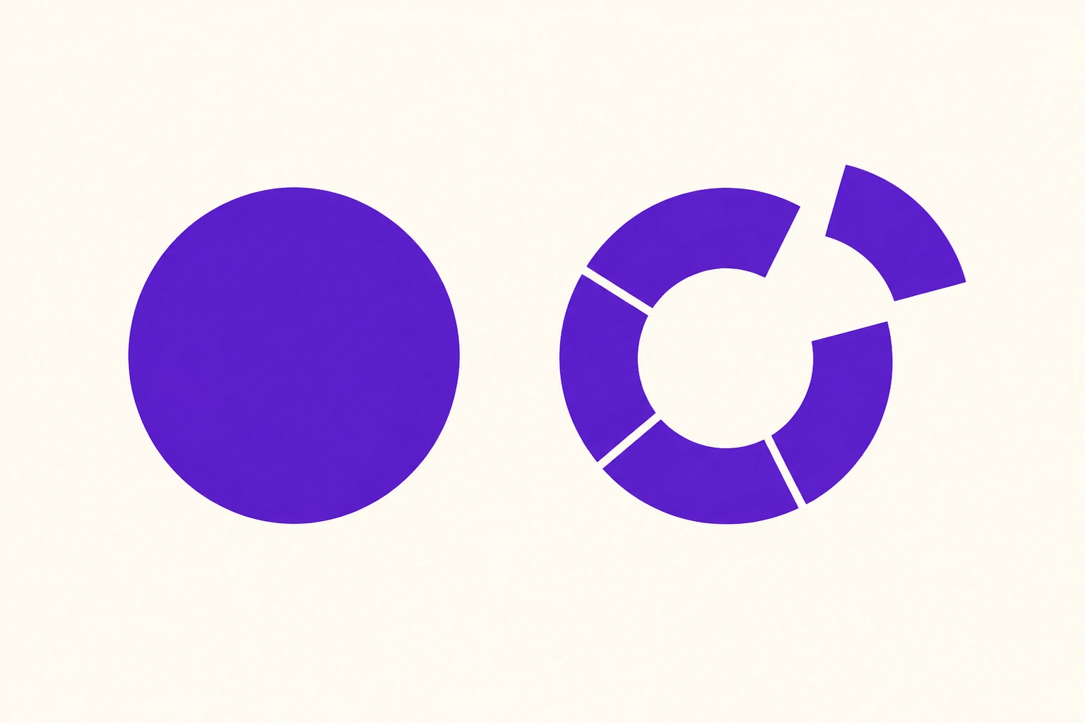 Flat vector illustration of two geometric forms in opposition, one intact circle and one displaced segmented circle, representing a repairability score against the spare parts reality behind it