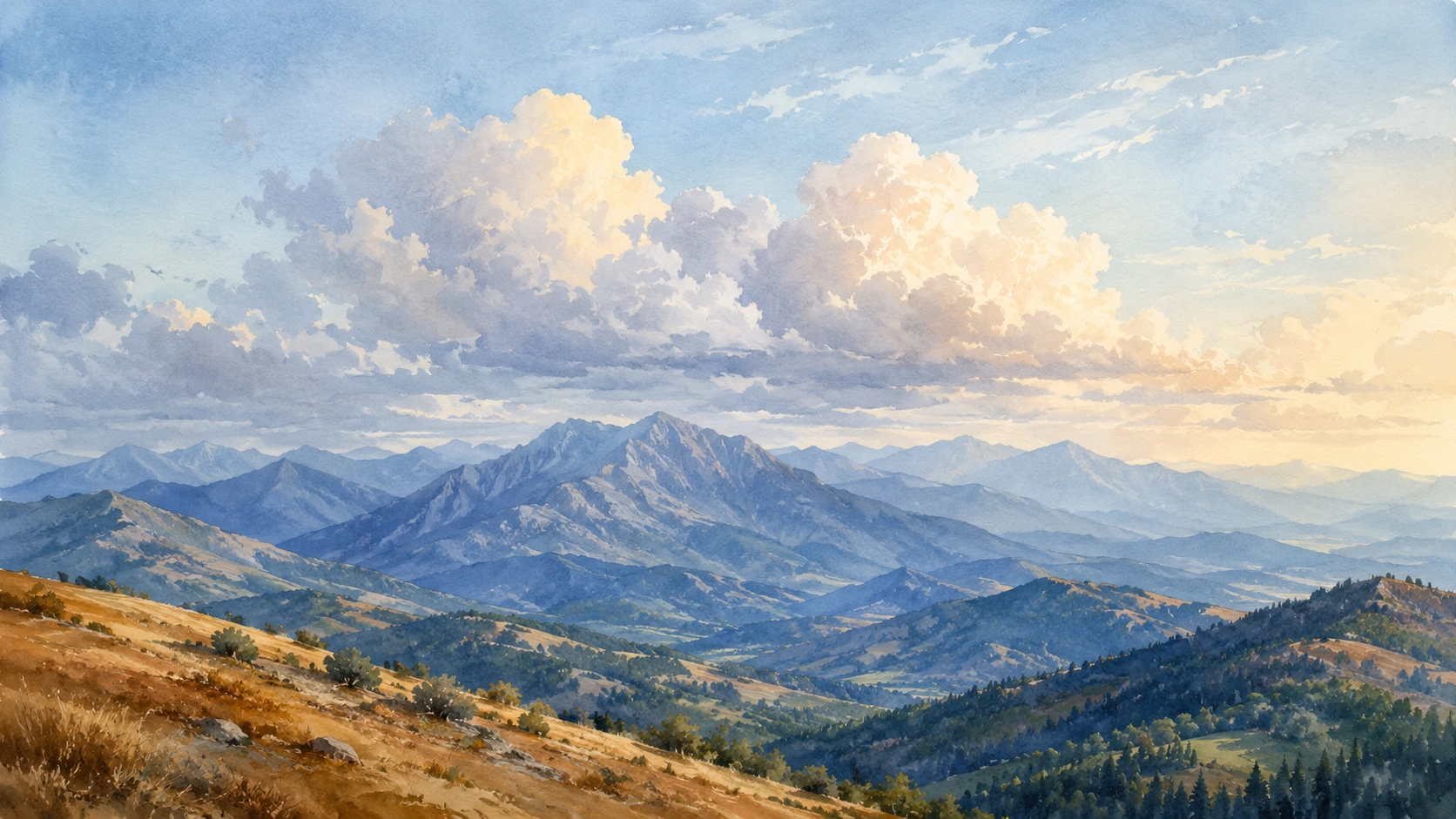 Late summer mountain range under tall drifting clouds, warm low light on the ridgelines