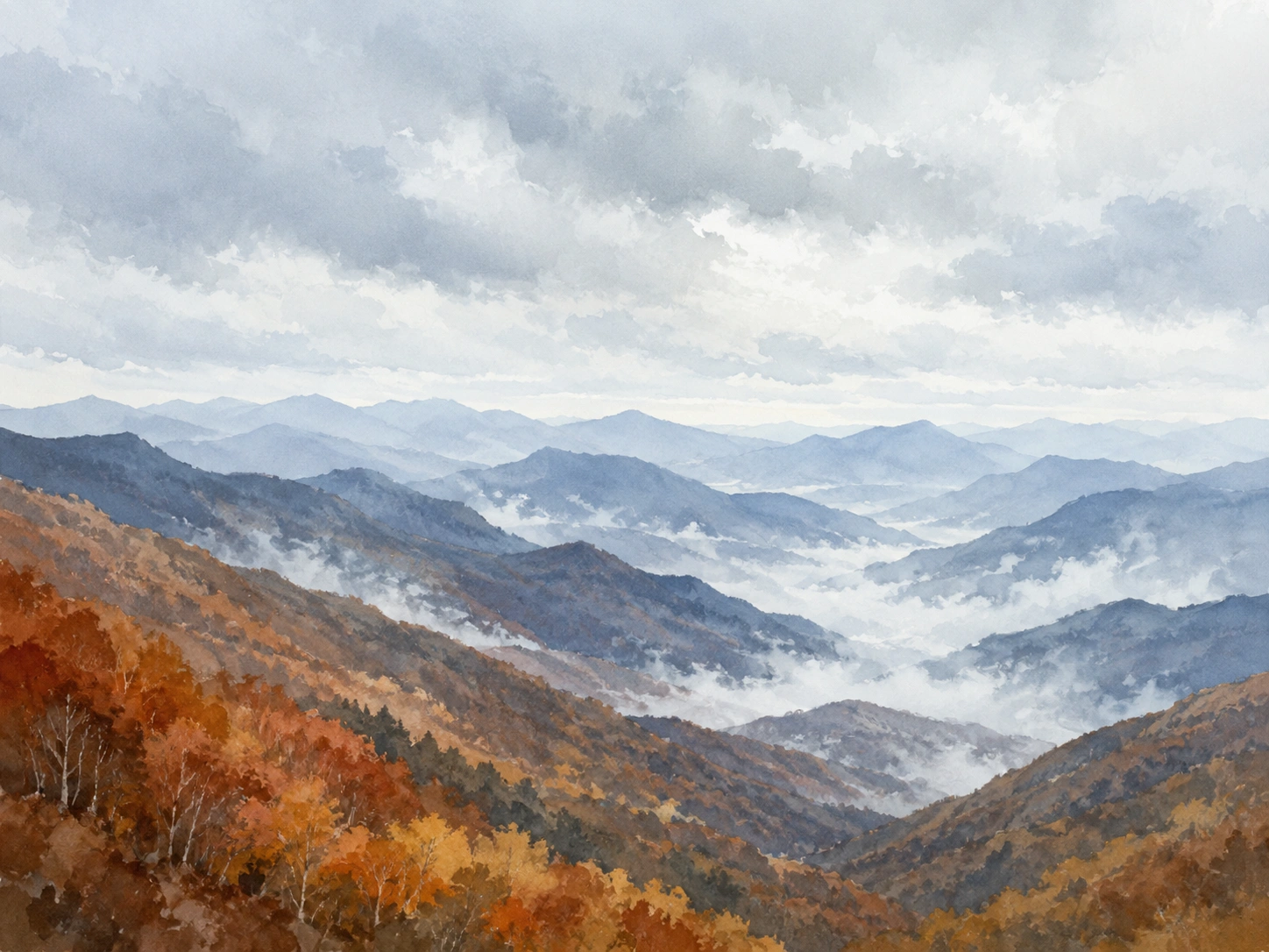 Autumn mountain ridges under low cloud, rust and gold slopes fading into pale sky