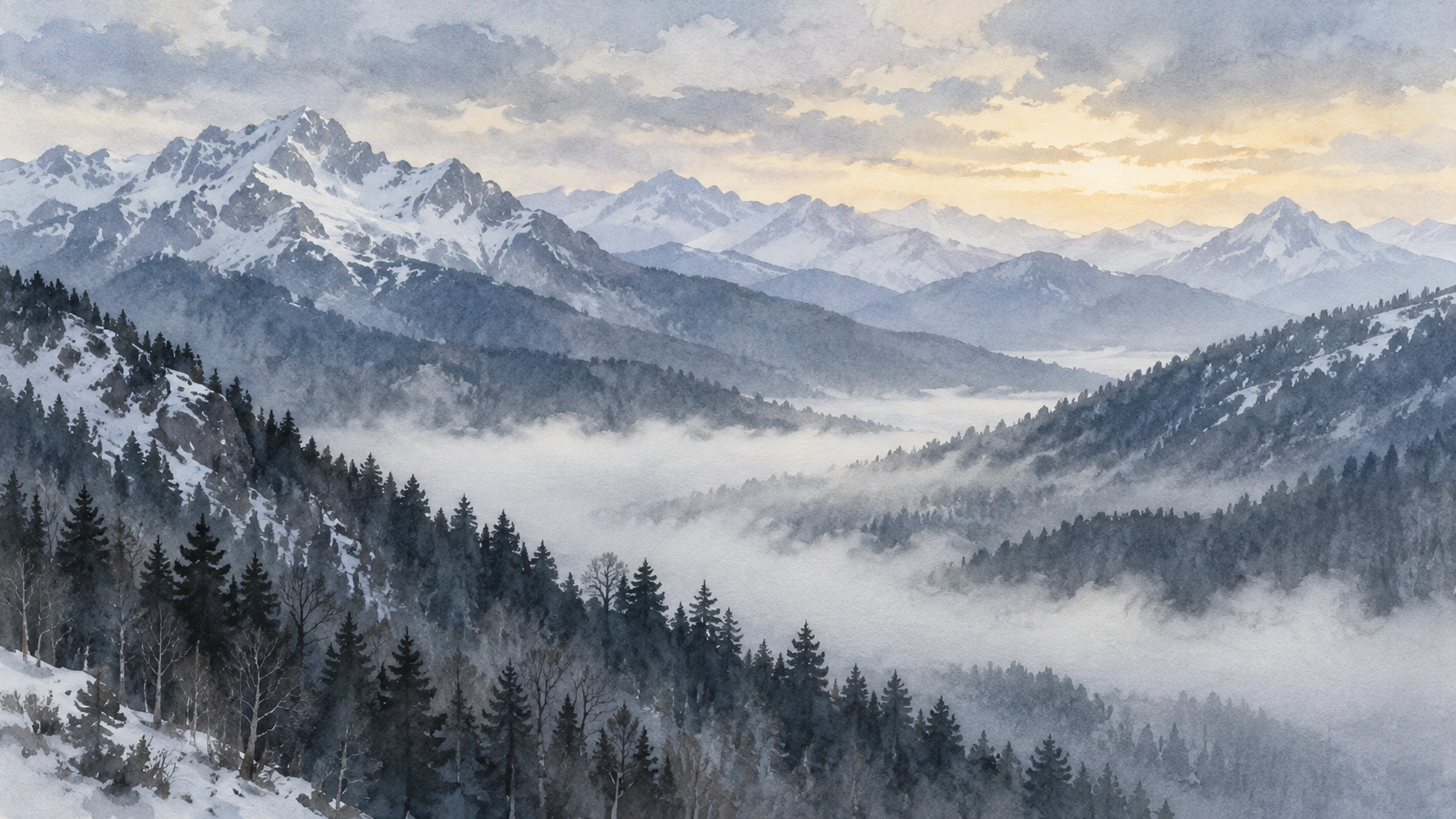 Watercolour illustration of snow-covered mountain ridges with mist in the valley
