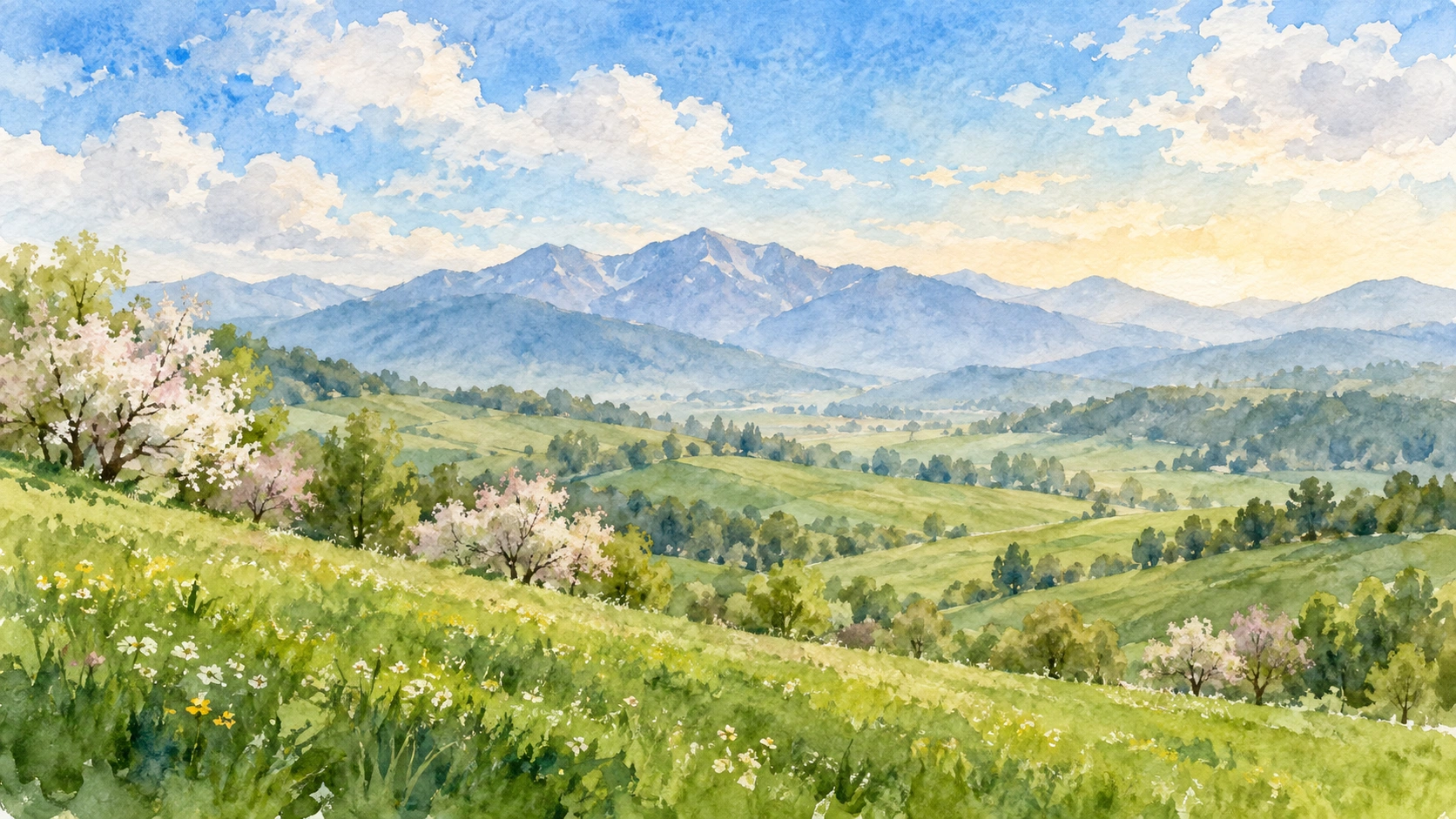 Watercolour illustration of green hills and a valley under bright spring cloud