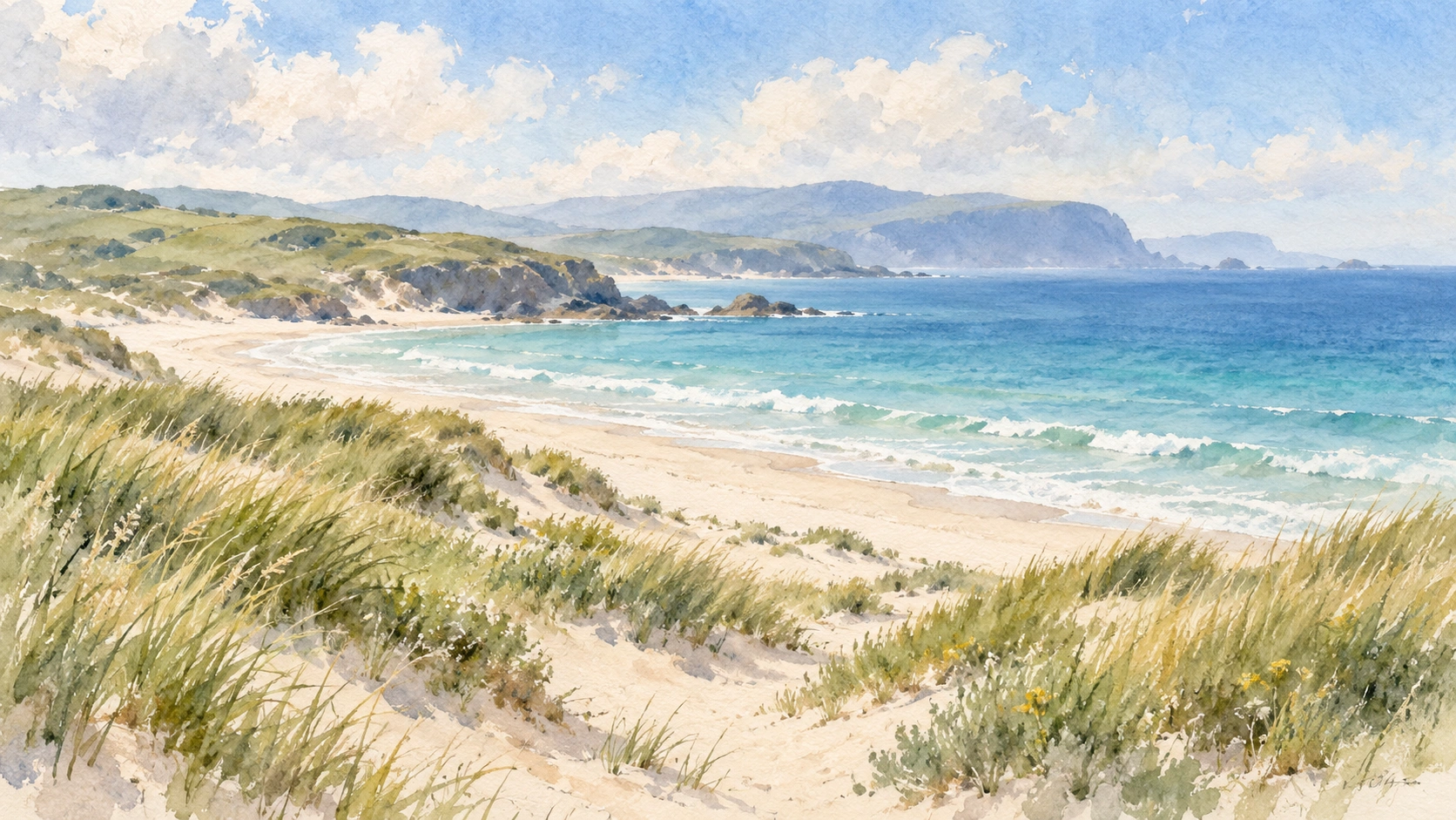 Watercolour summer coastline with grassy dunes, pale blue water and distant headlands