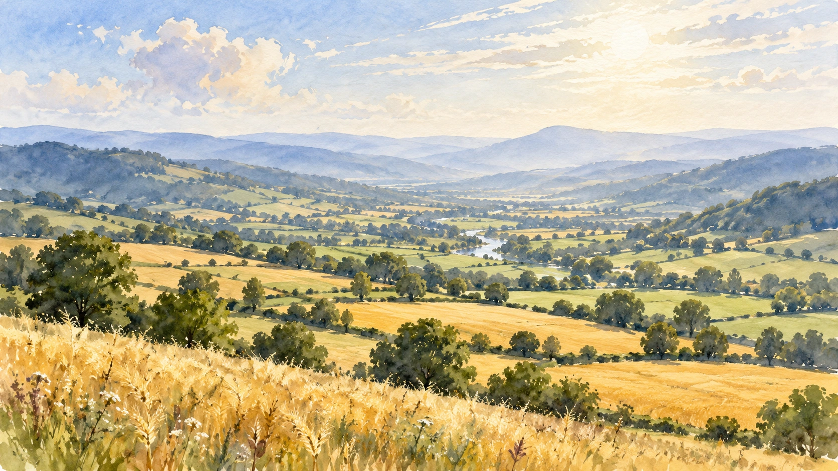 Watercolour high summer valley with golden fields and hazy blue hills