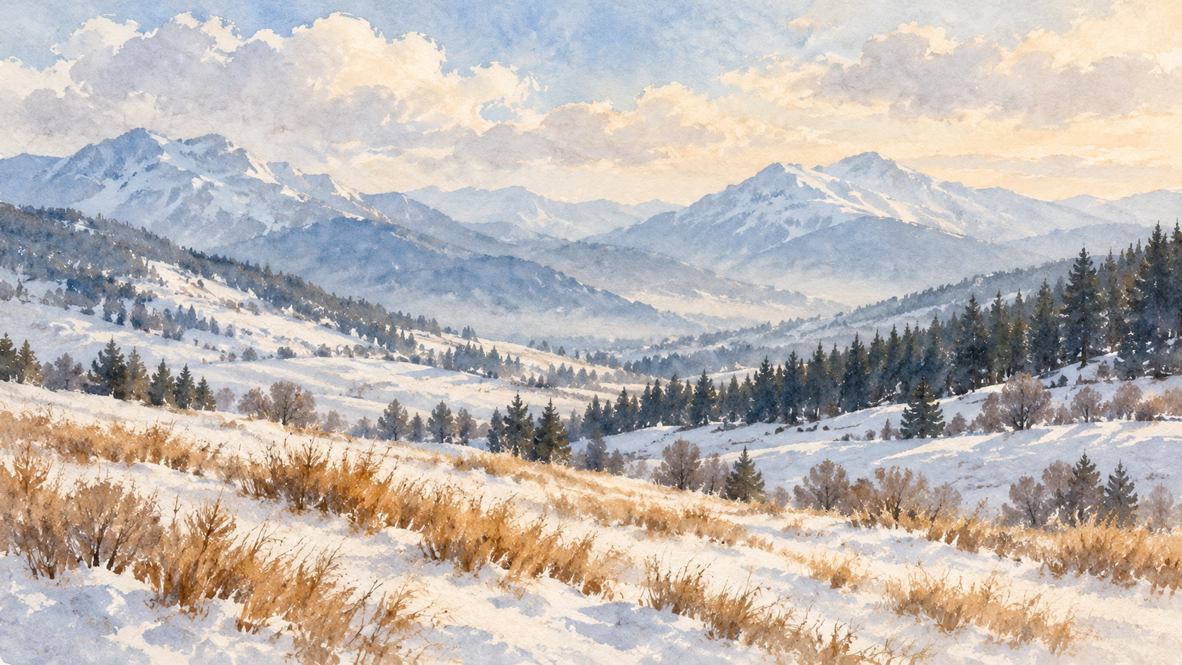 Watercolour winter valley with snow-covered hills, ochre grasses and distant blue mountains.