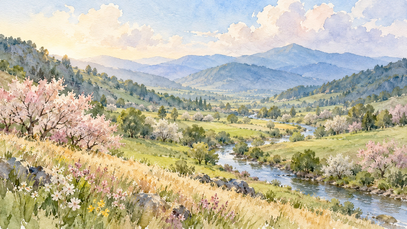 Watercolour spring valley with fresh green meadows, pale blossom and misty blue hills.