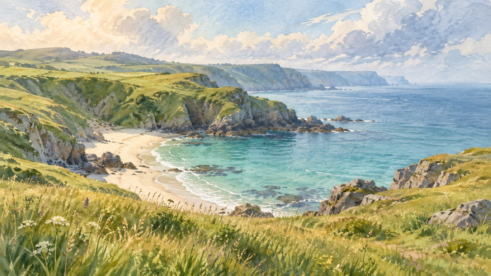 Watercolour early-summer coastline with green grassy headlands, cream sand and hazy blue sea.