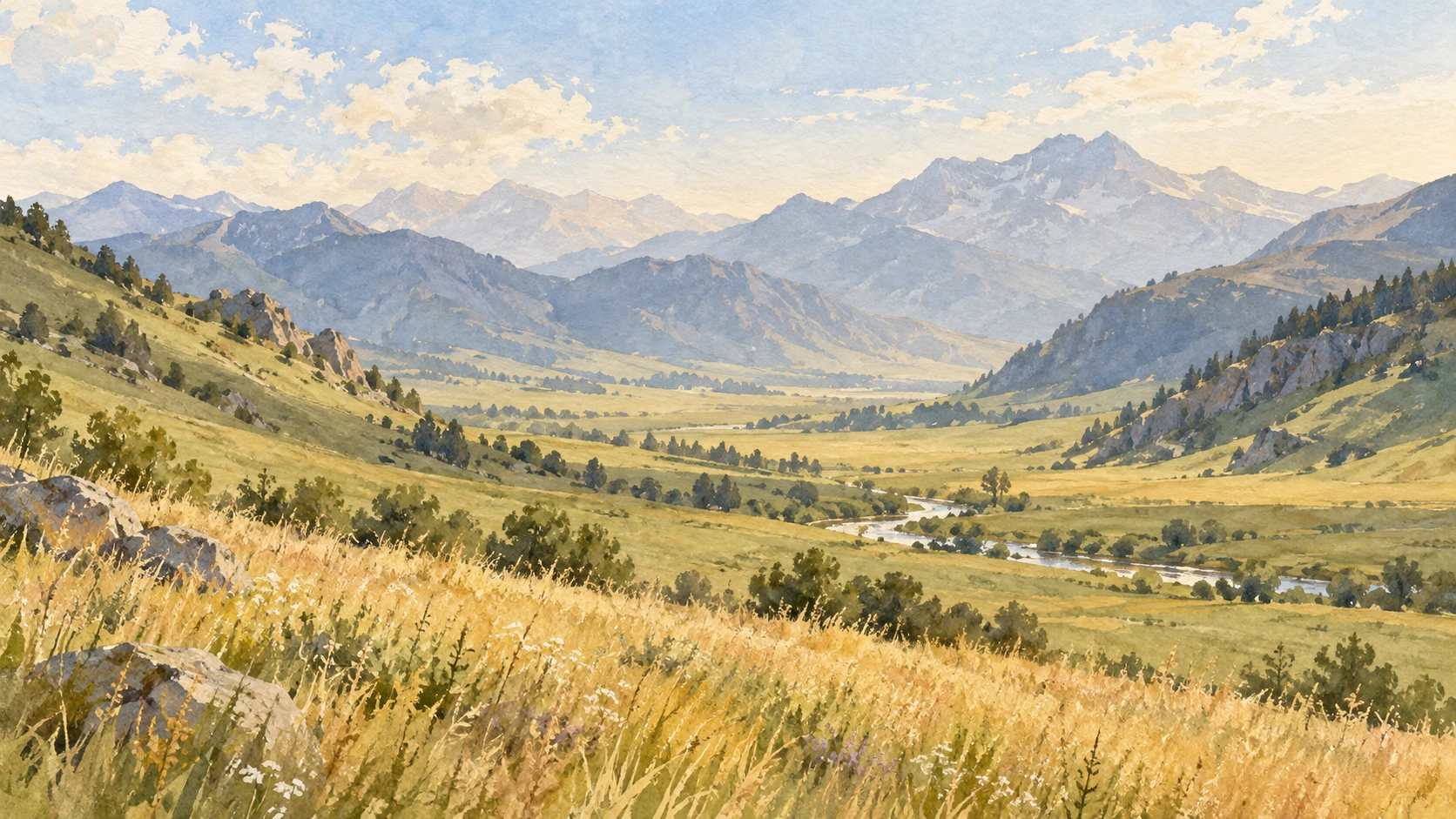 Watercolour summer valley with golden grasses, green hills and distant mountains beneath a hazy blue sky.