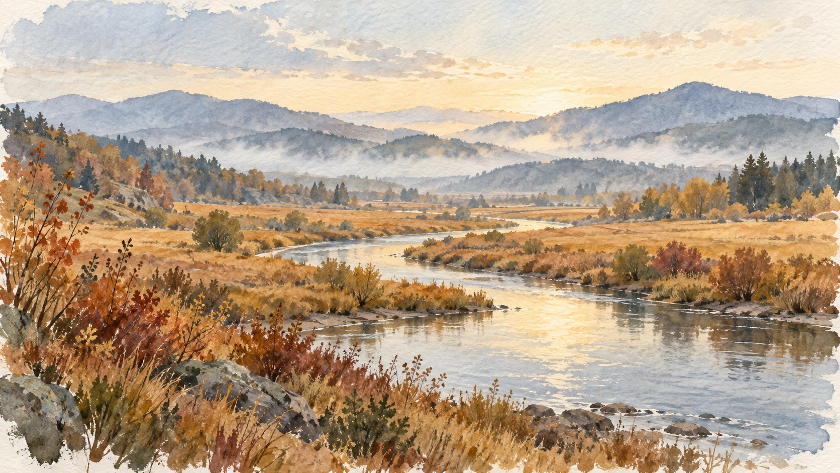 Watercolour autumn river winding through amber meadows beneath misty blue hills.