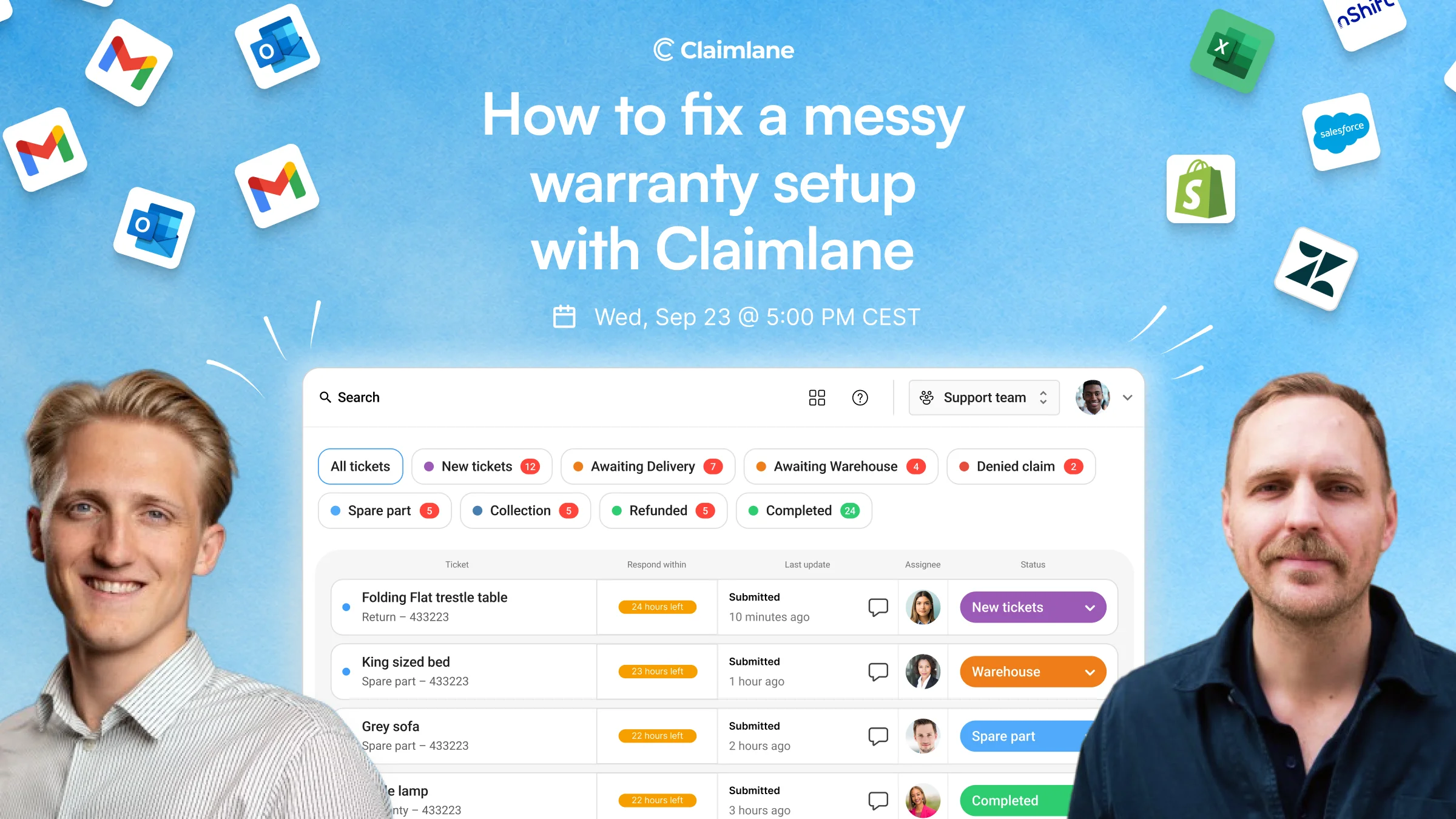“How to fix a messy warranty setup with Claimlane” webinar banner featuring two speakers and the Claimlane claims dashboard.