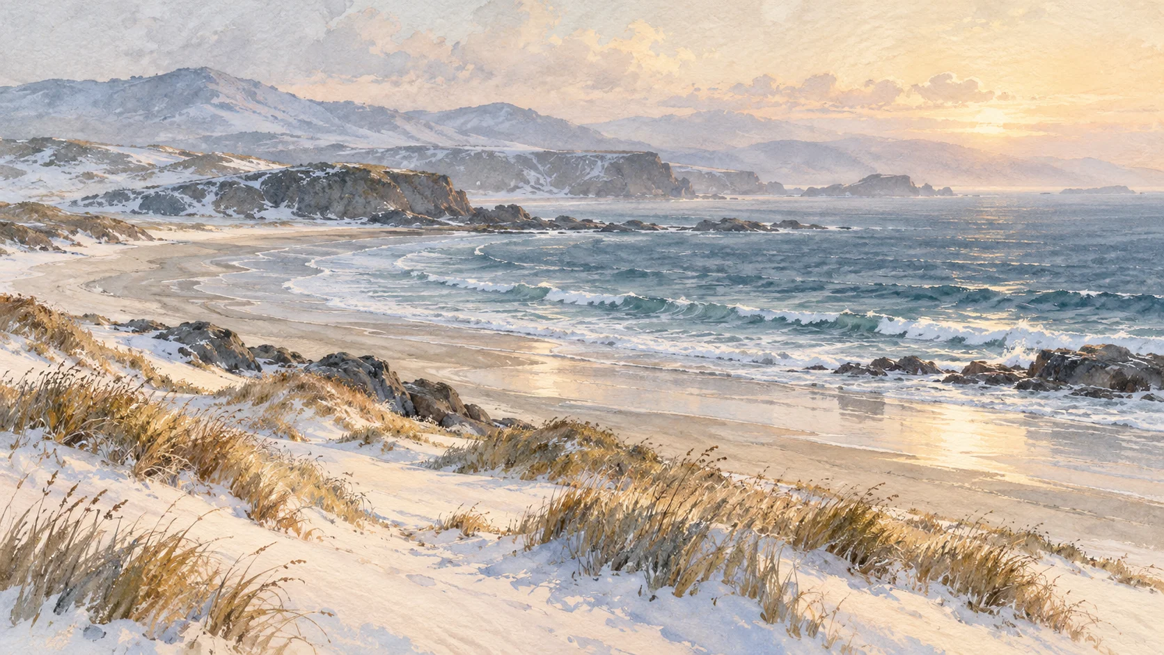 Watercolour winter coastline with pale dunes, muted grasses and blue-grey waves beneath a soft morning sky.