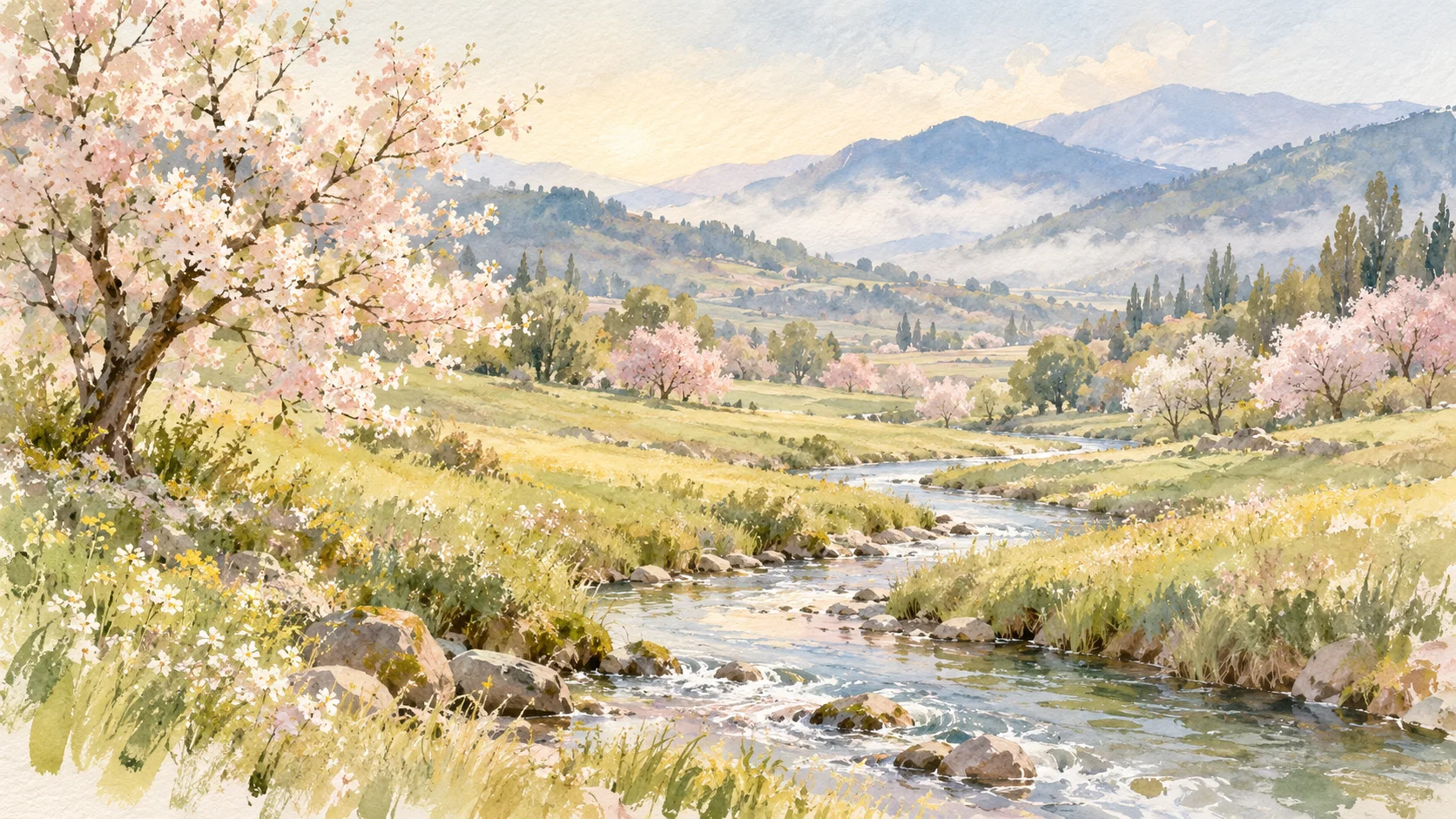Watercolour spring meadow with pale blossoms, a winding stream and distant blue hills.