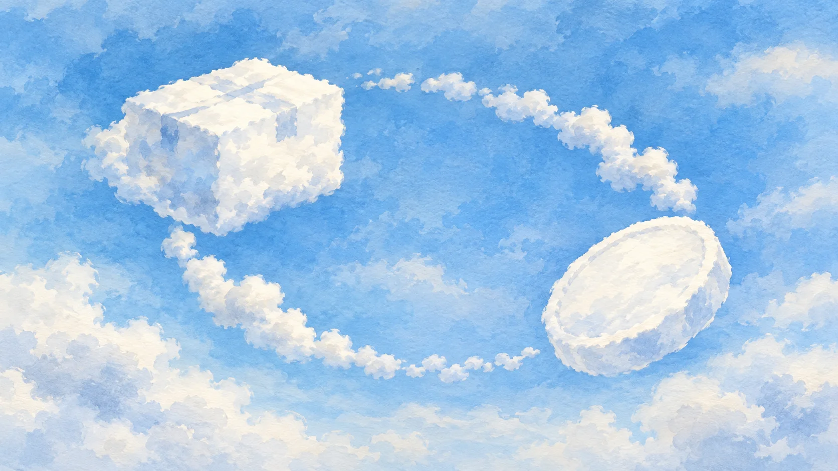 Two curved cloud trails connect a parcel-shaped cloud and a coin-shaped cloud against a soft blue sky.