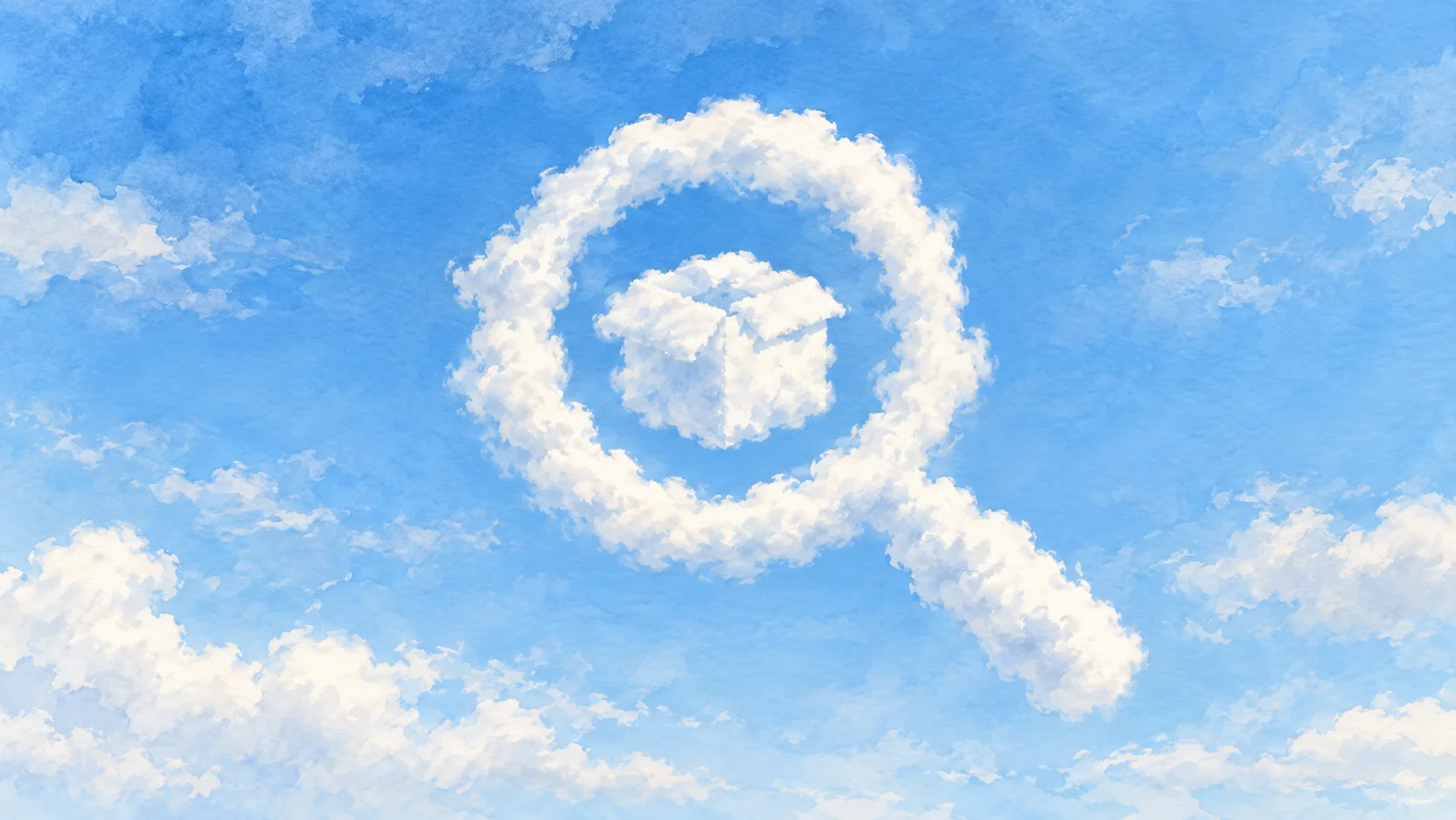 A magnifying-glass-shaped cloud examines a parcel-shaped cloud in a soft blue sky.