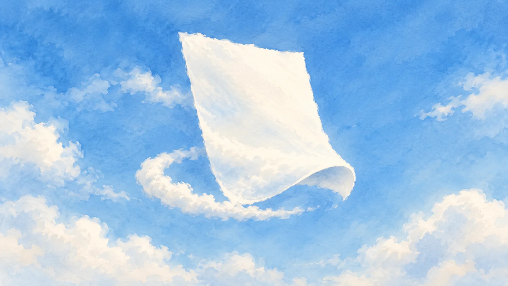 An unfolding paper-shaped cloud with a curved return trail against a soft blue sky.