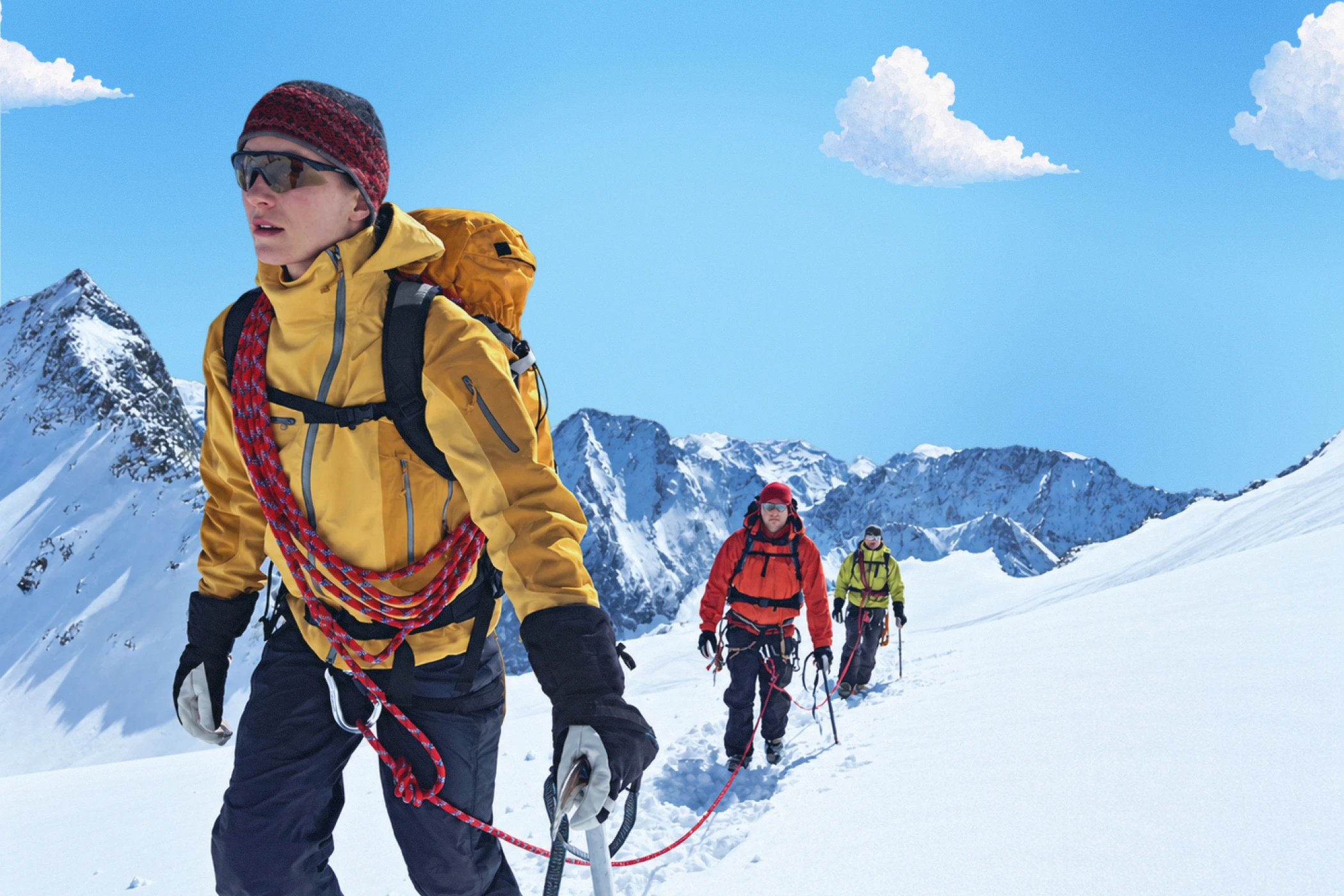 Three mountaineers climbing a snowy mountain, wearing outdoor gear and carrying backpacks, surrounded by snow-covered peaks.