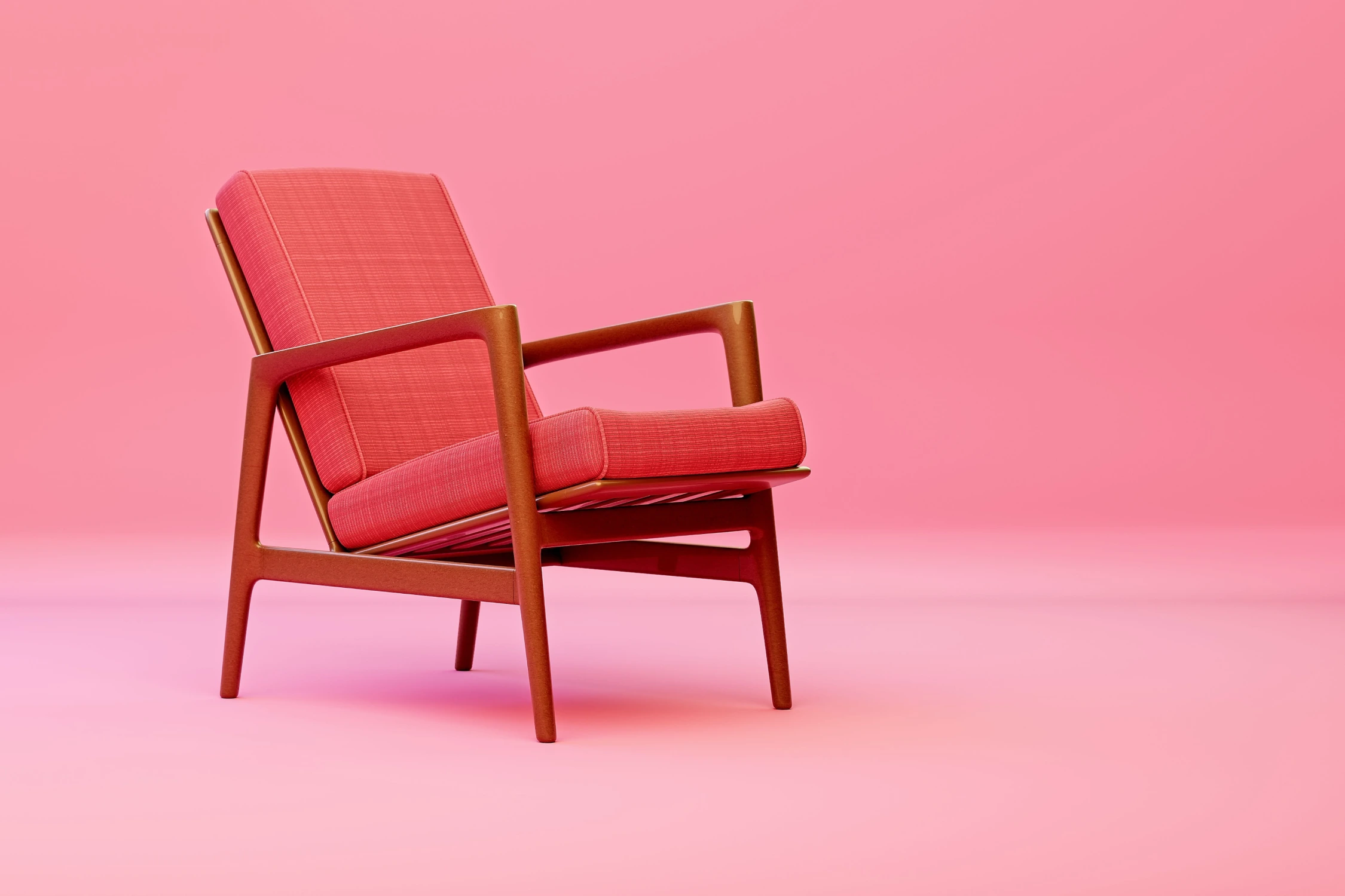Riff on this photo to make it your own New Learn more Nudge it somewhere better... 1 Remove bg 1 Recolor Expand Crop Relight Style transfer More Full editor Mid-Century Modern Chair on Pink Gradient Background
