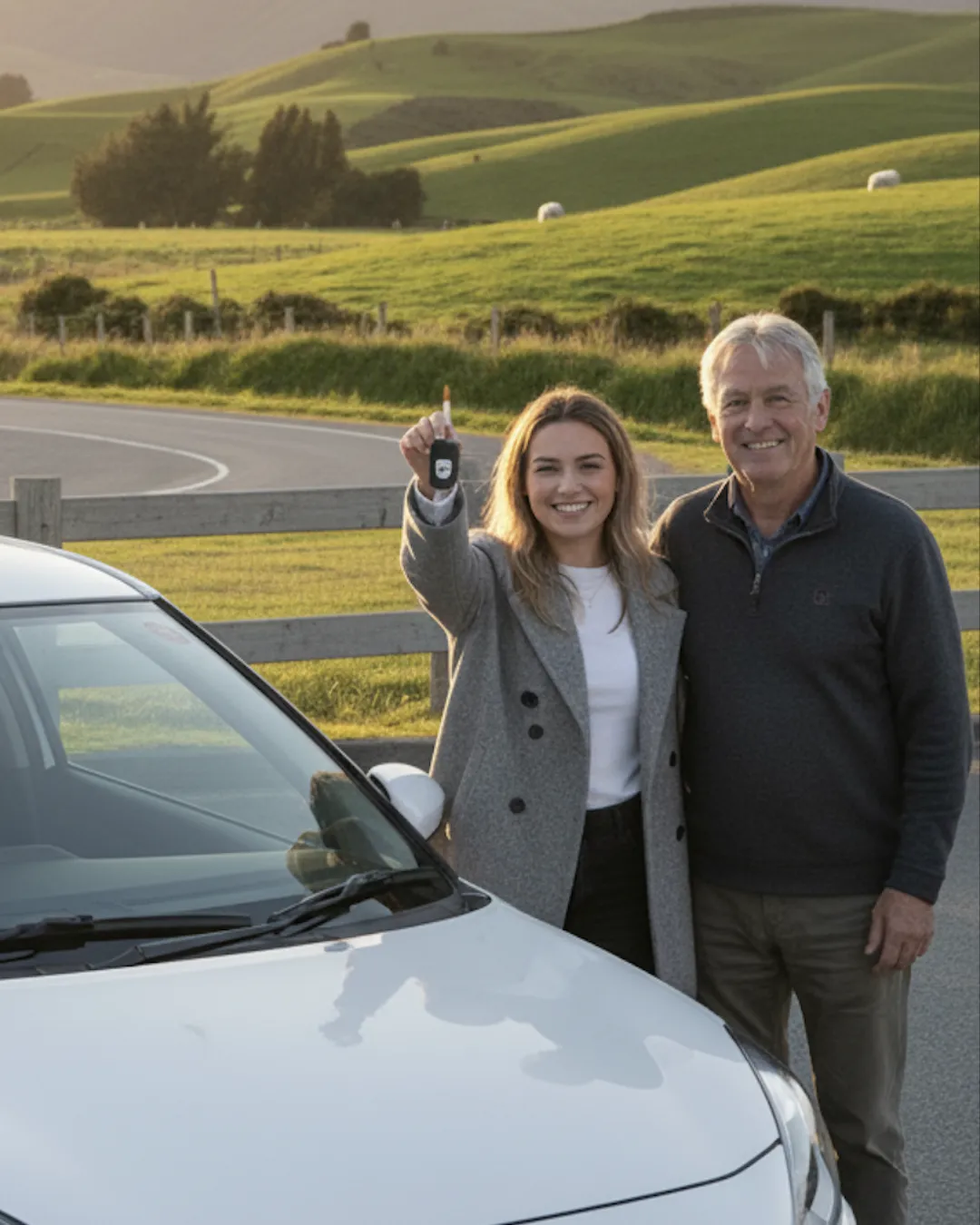 Young woman holding up car keys beside an older man, both smiling, in front of a white car with green rolling hills and sheep behind them.