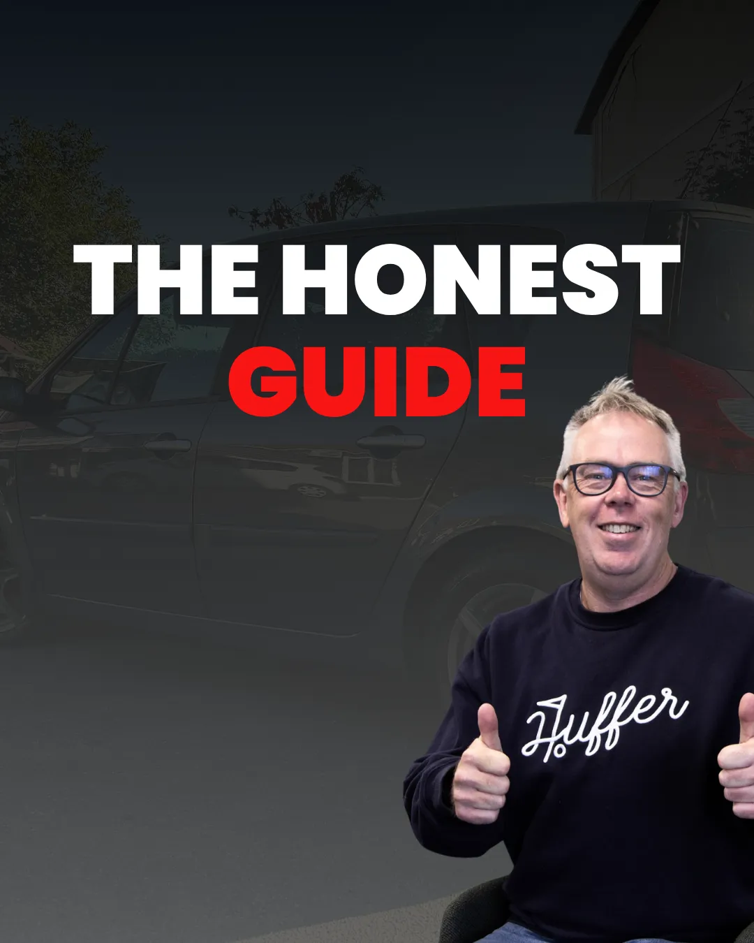 Man with glasses in a navy “Huffer” sweatshirt giving two thumbs up, with the text “The honest guide” over a darkened photo of a hatchback behind him.