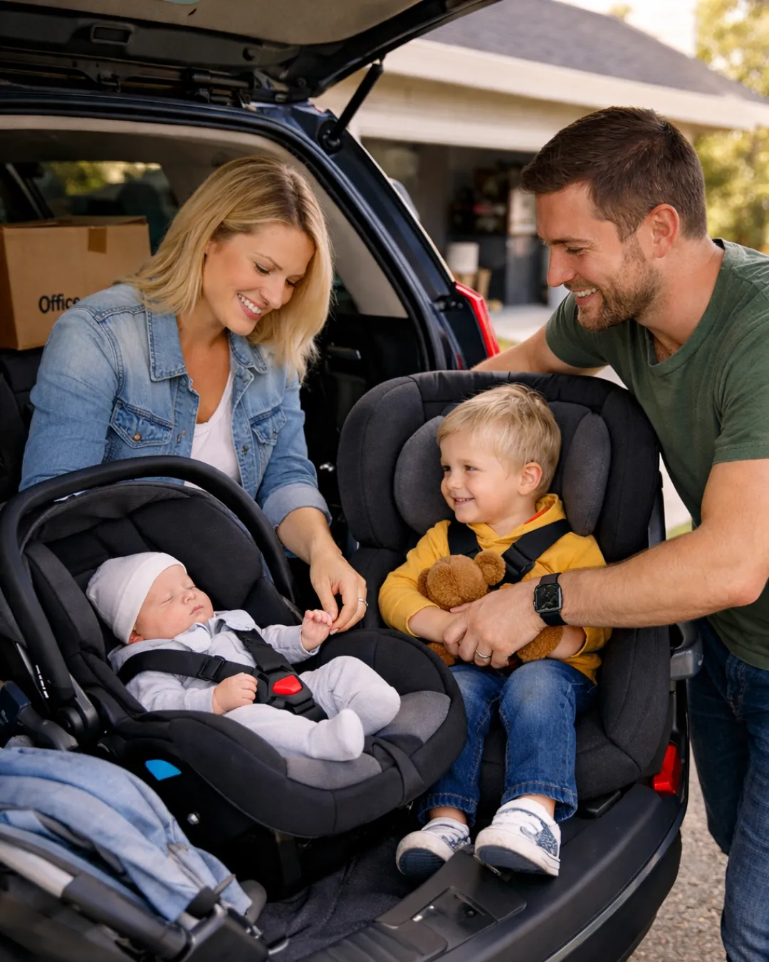Smiling family of four in a white car, with the father driving, the mother beside him and two children leaning in from the back seats, surrounded by trees.