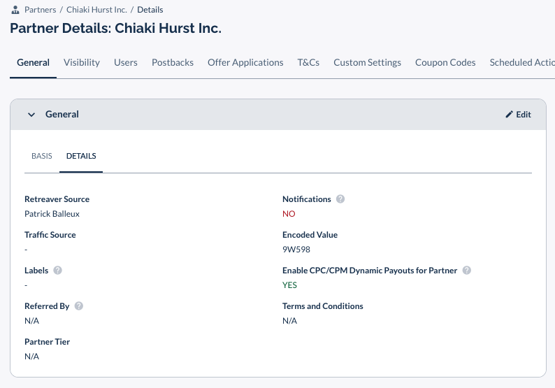 Partner Details showing selected Retreaver Source