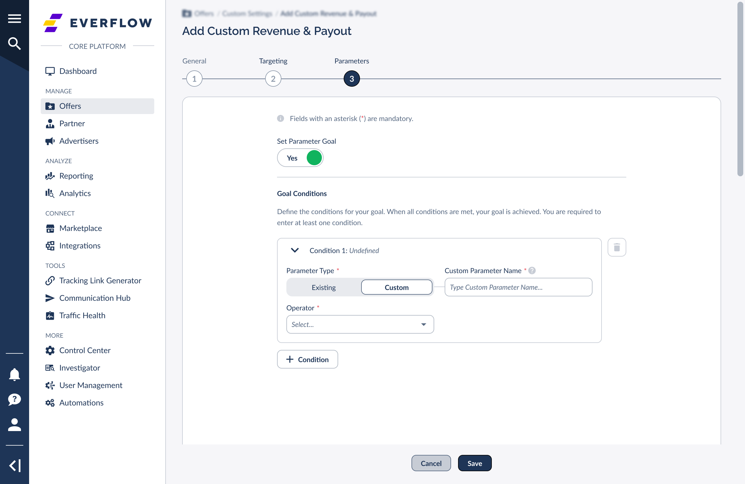Parameter Type set to Custom with parameter name field