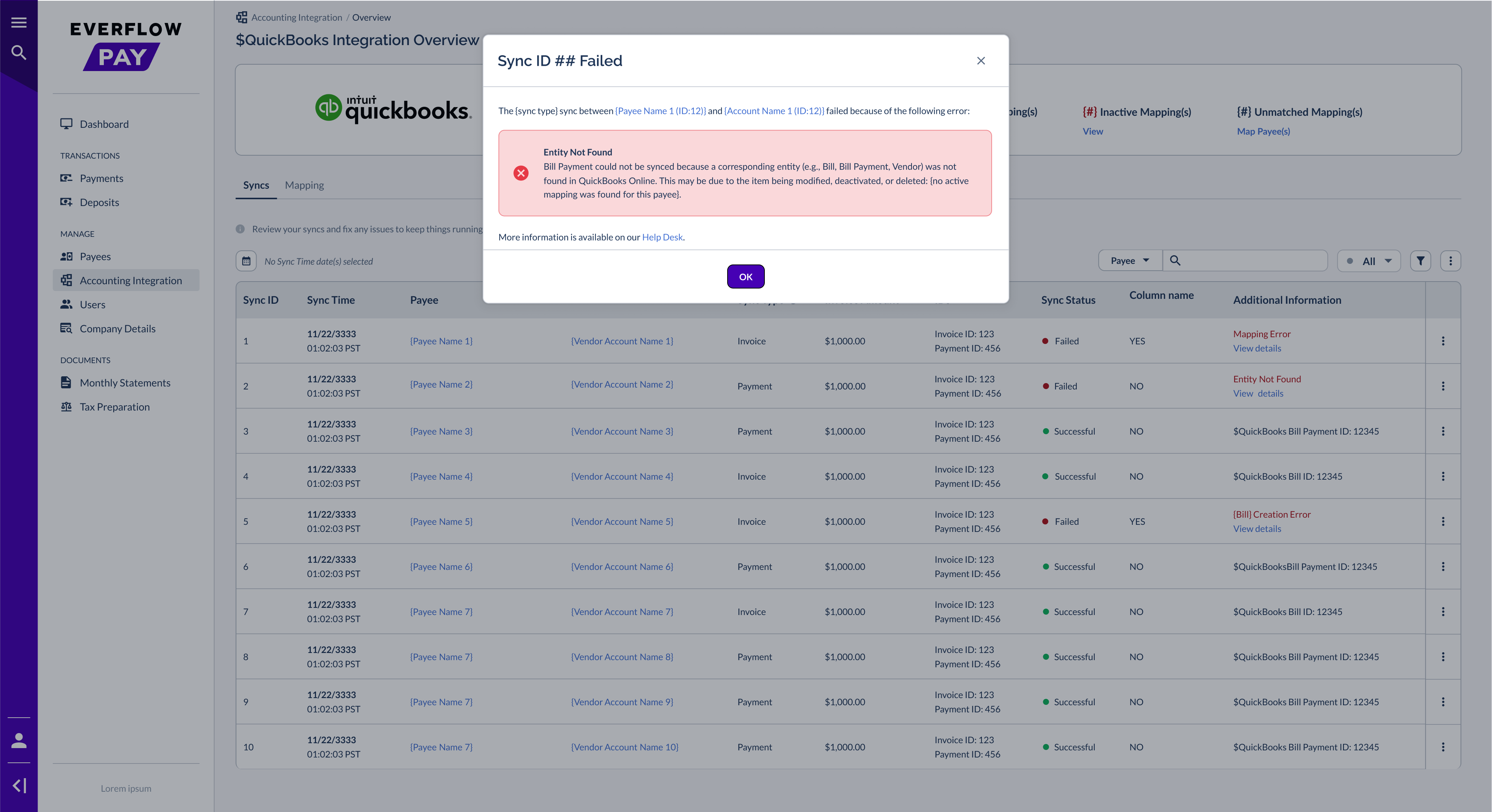 Entity Not Found modal