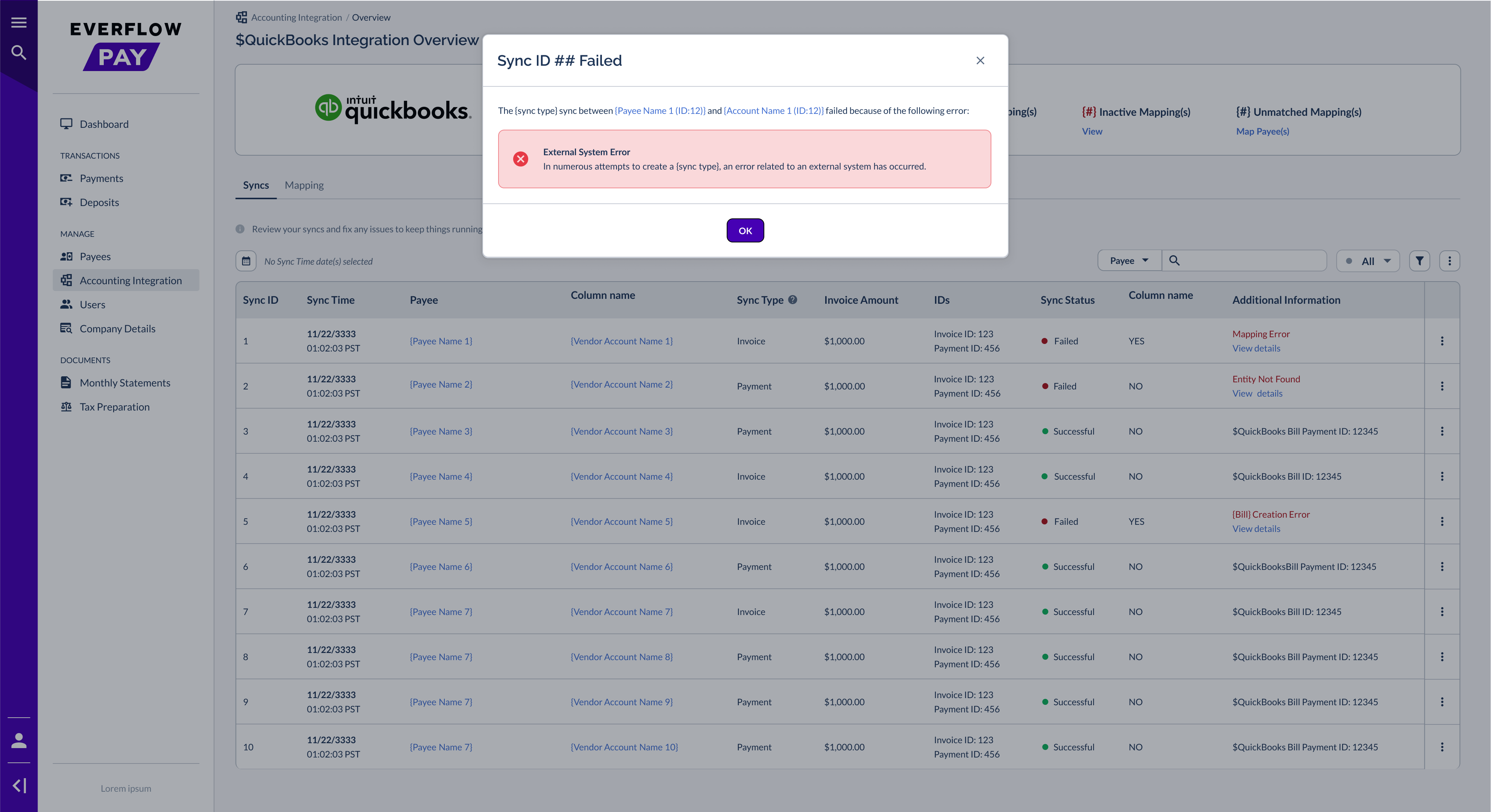 Bill Creation Error modal
