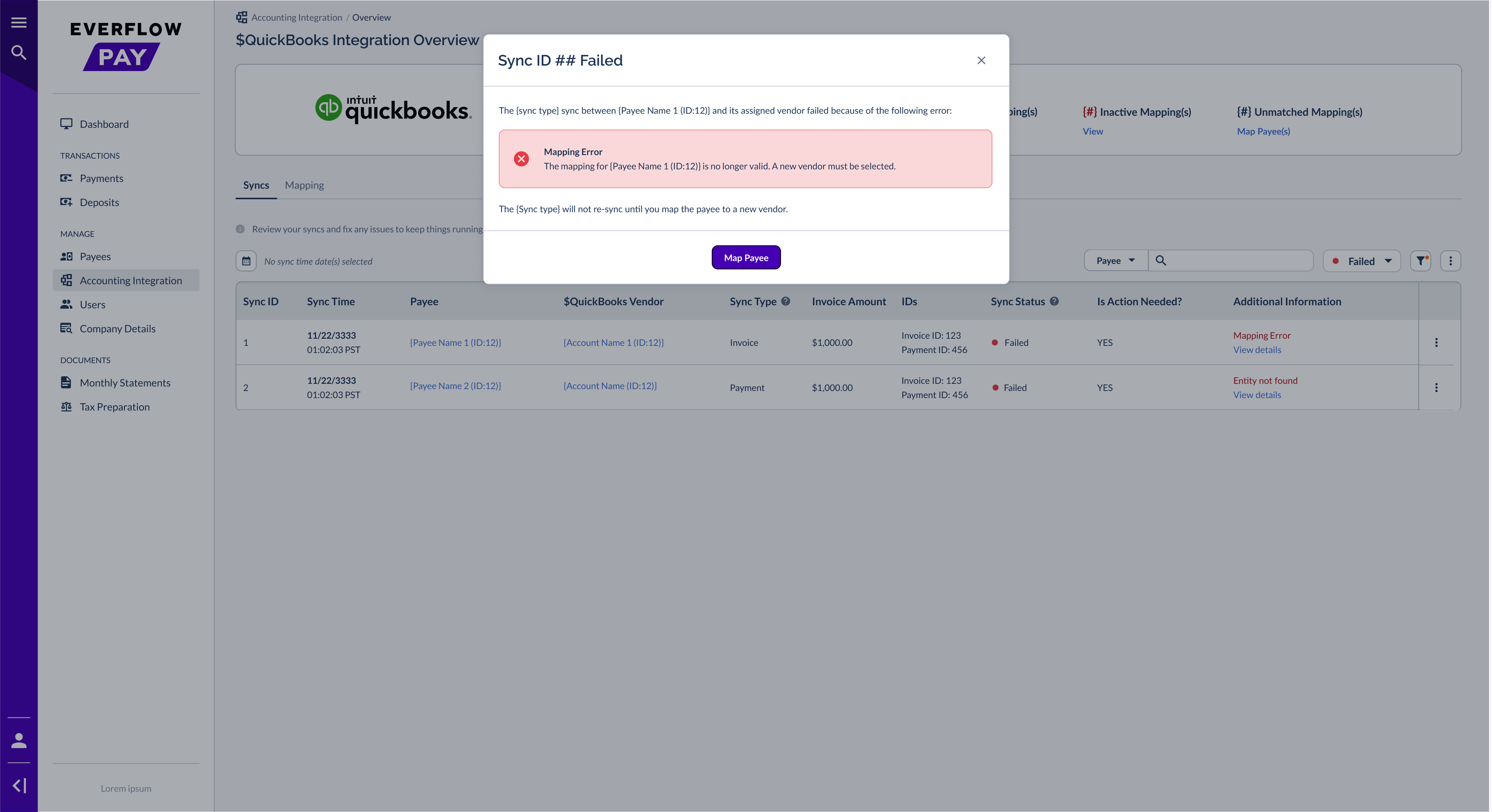 Mapping Error modal showing invalid mapping