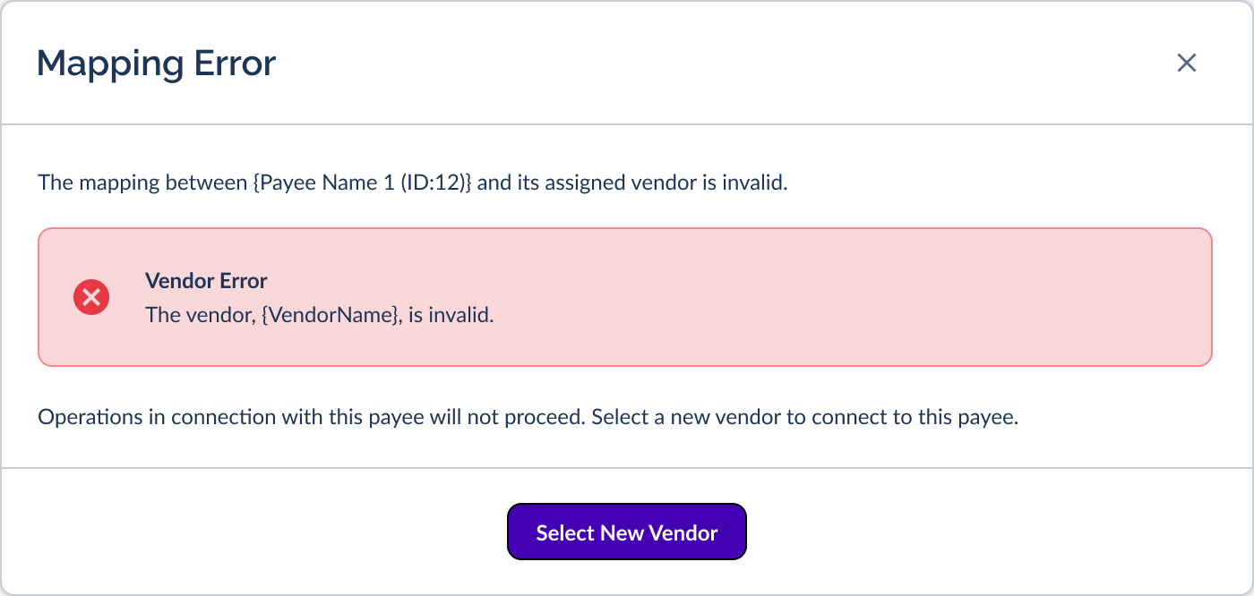 Vendor Error modal from Manage Payments