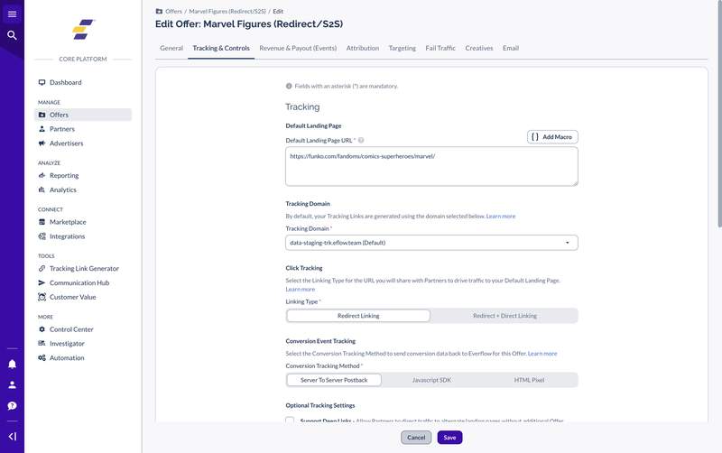 Everflow Offer Tracking and Controls tab showing Default Landing Page URL, Tracking Domain, and Conversion Tracking Method fields