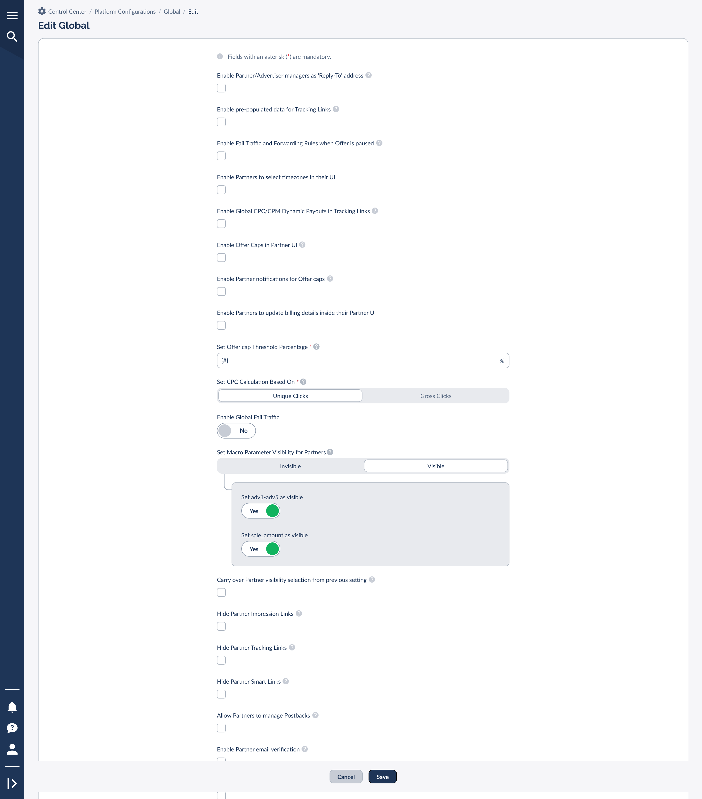 Global Settings edit view showing Macro Parameter Visibility controls