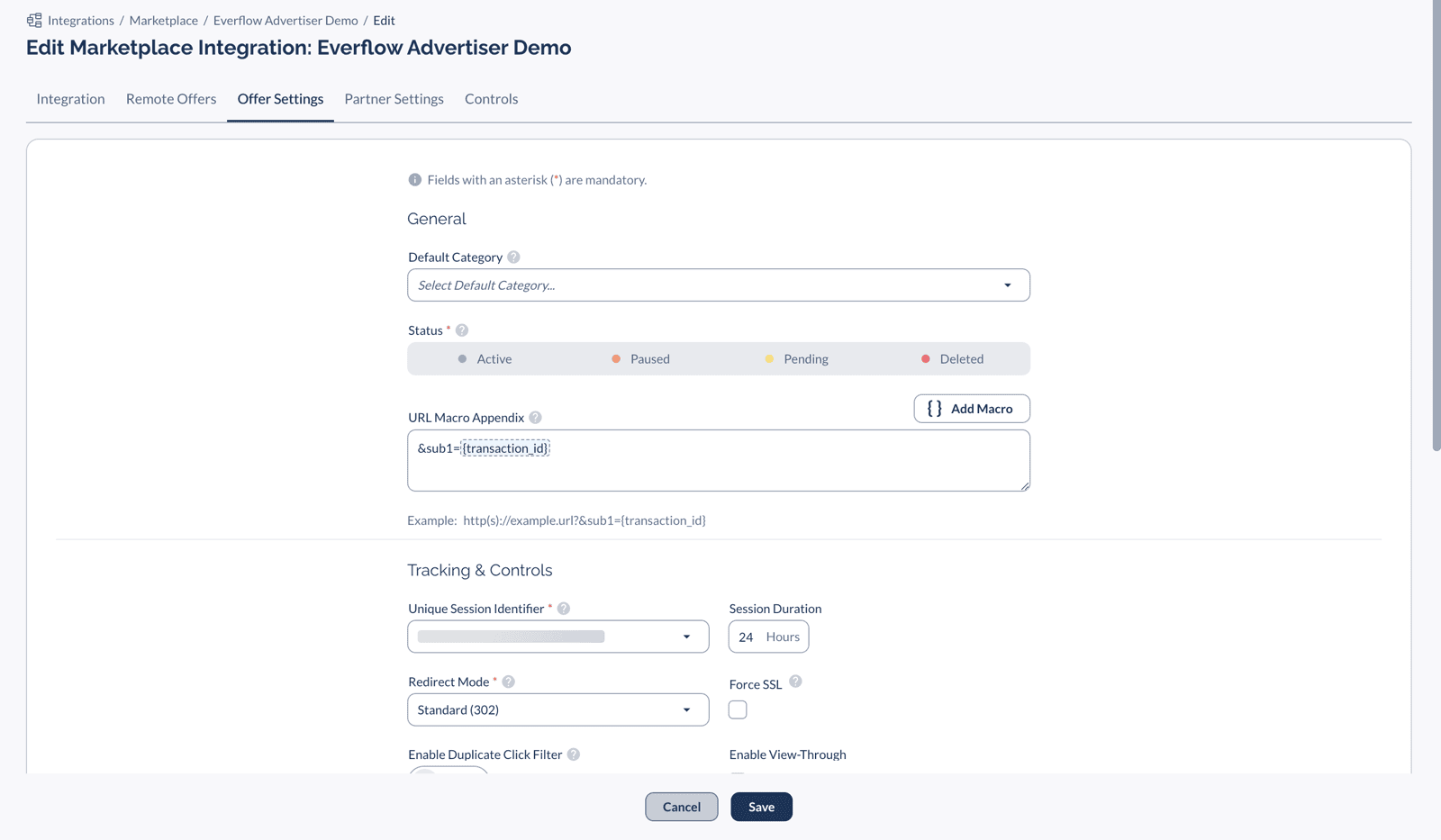 Offer Settings screen showing category, status, URL Macro Appendix, and other settings