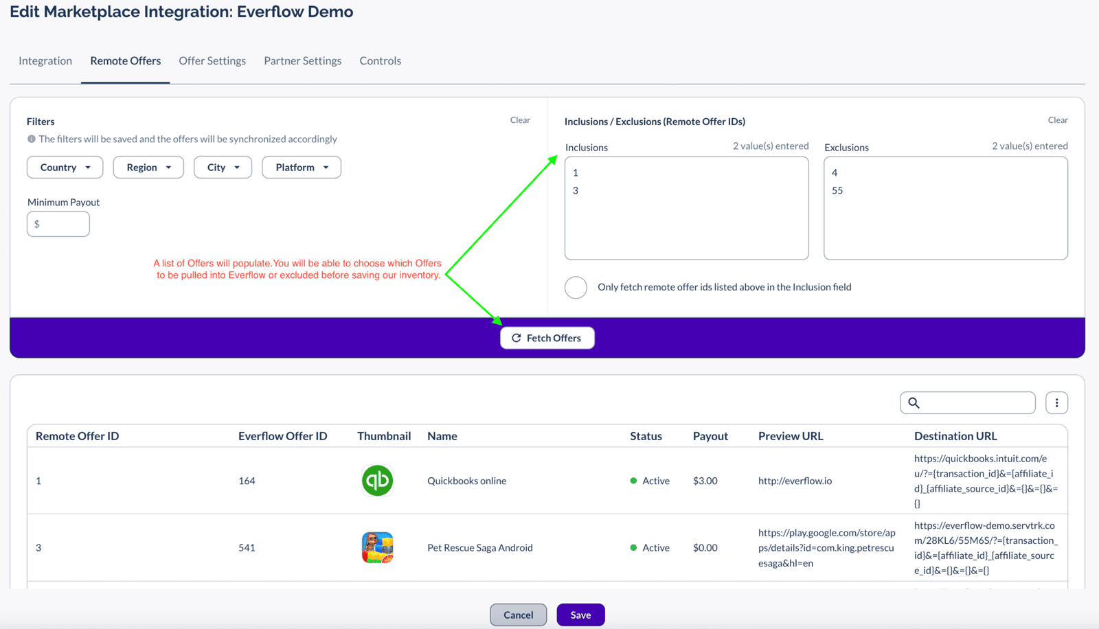 Remote Offers screen showing filters, minimum payout, inclusions/exclusions