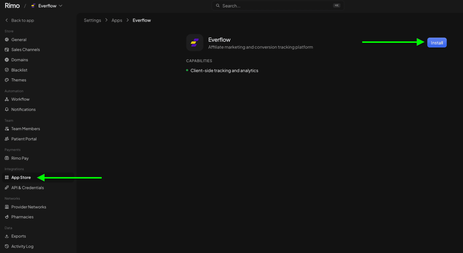 Rimo App Store with the Everflow integration page open and the Install button highlighted